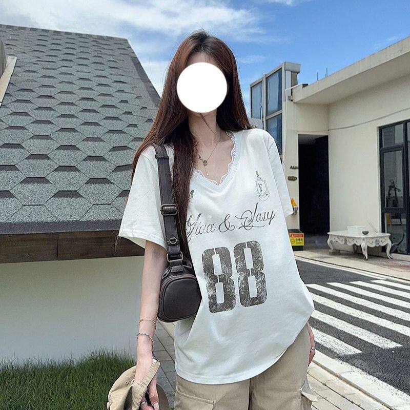 220g纯棉 螺纹领口  后包边 拼接蕾丝 印花短袖T恤女