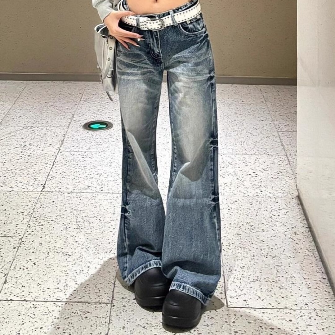 小个子美式复古水洗阔腿微喇牛仔裤女高腰宽松显瘦直筒喇叭裤