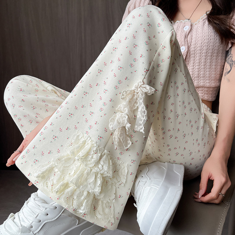 实拍蝴蝶结蕾丝碎花微喇裤女2025春夏季新款休闲喇叭裤小个子长裤