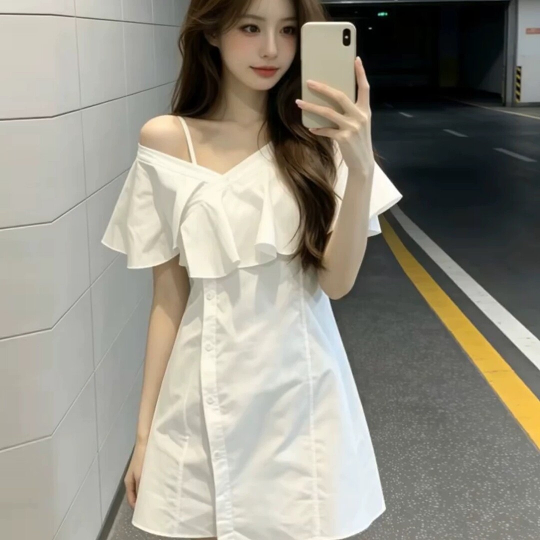 夏季新款小众别致露肩设计感连衣裙女韩版时尚百搭衬衫裙气质短裙