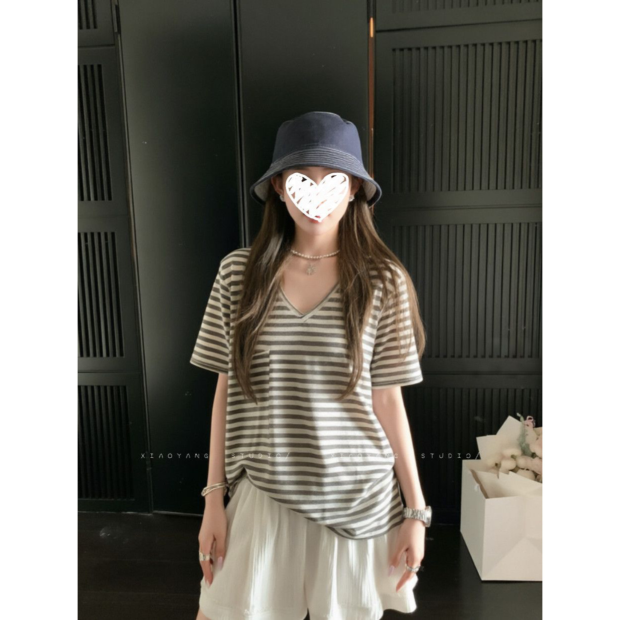 松弛条纹短袖T恤女夏季新款设计感口袋宽松慵懒风v领上衣