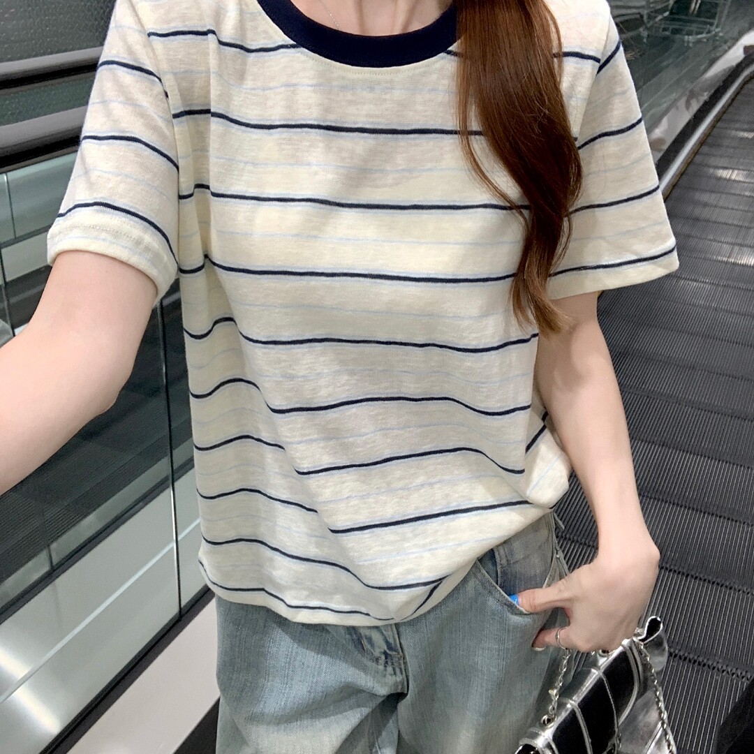 实拍210克条纹短袖t恤女装夏新款正肩修身设计感条纹圆领上衣
