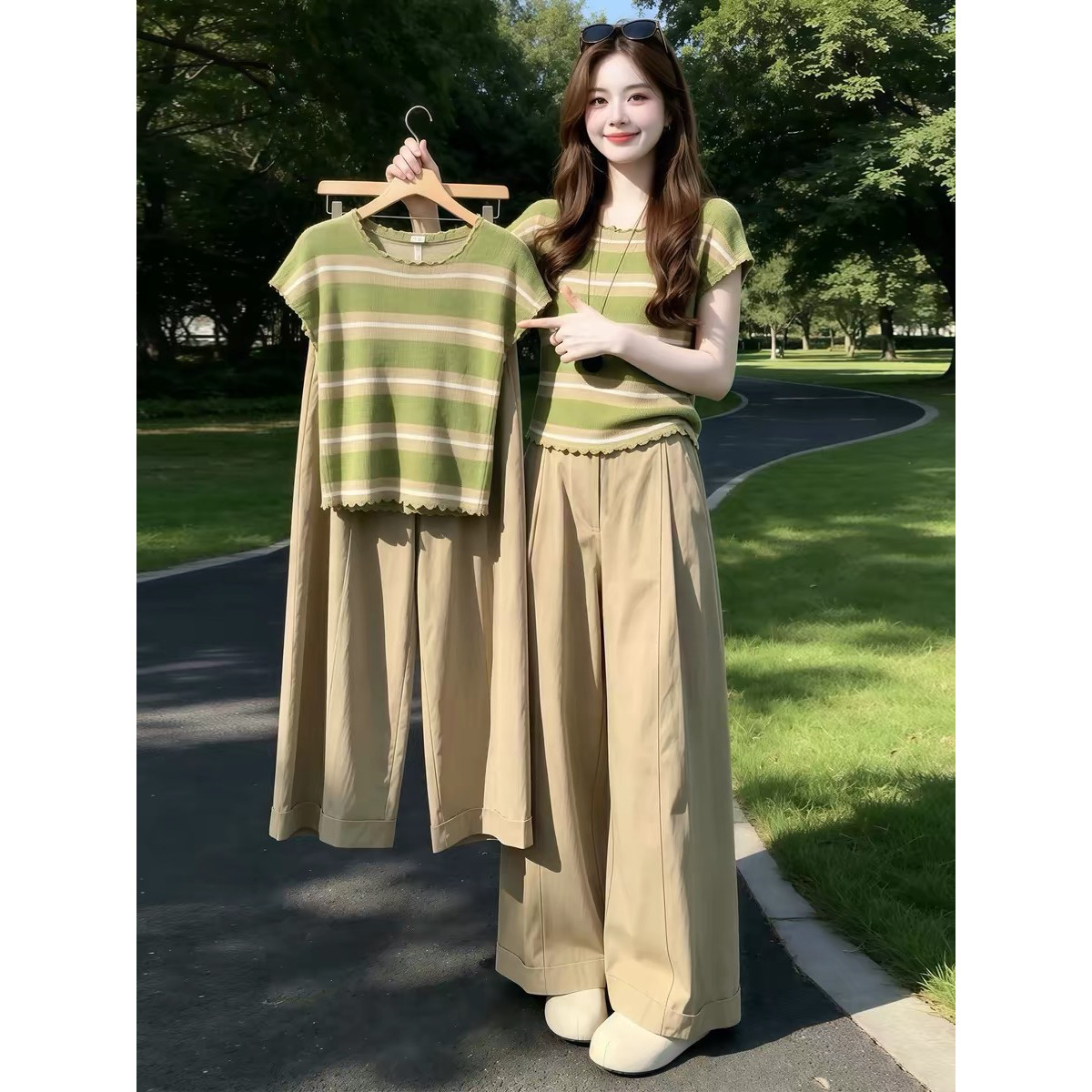森系绿色条纹针织正肩短袖t恤女2026新款夏季巨好看的上衣不撞款