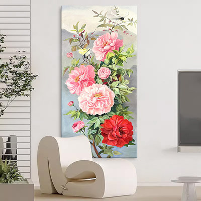 牡丹花纯手绘油画新中式花开富贵玄关装饰画入户竖版走廊客厅挂画