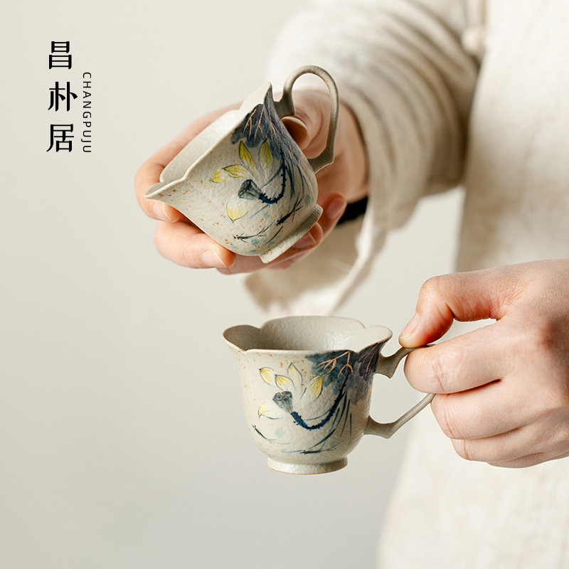 昌朴居主人杯茶杯陶瓷米白青花纯手绘莲心映盏新中式品茗把杯茶具