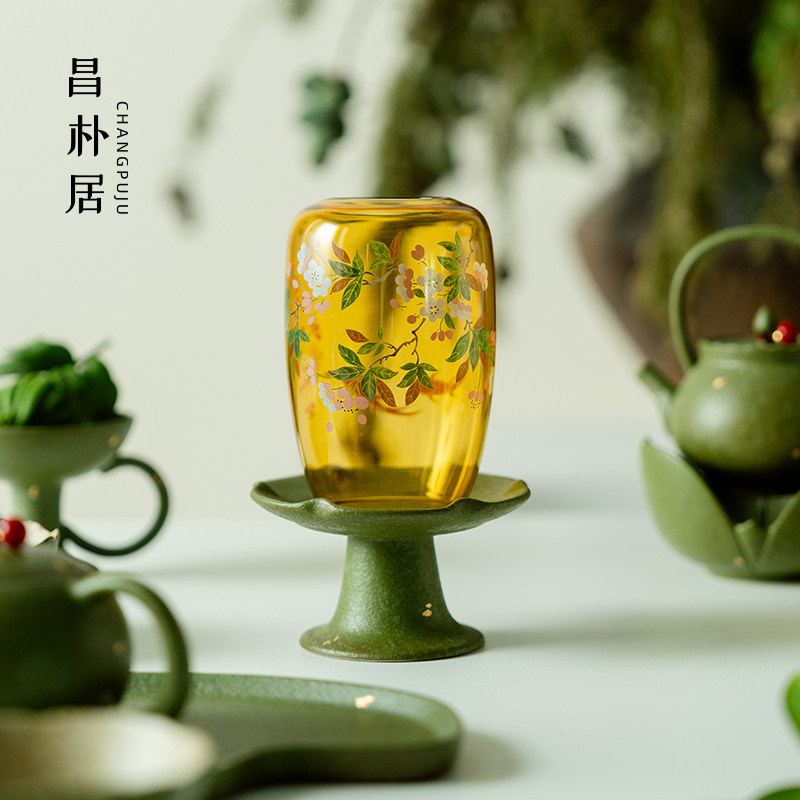 昌朴居烛台青橘洒金底座防风玻璃灯罩中式复古风家用香薰烛光茶室