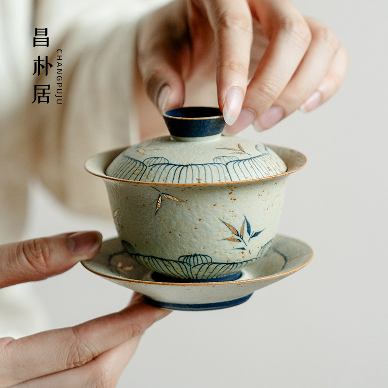 昌朴居三才盖碗茶杯青花火石红手绘竹影中式高档陶瓷泡茶家用茶具