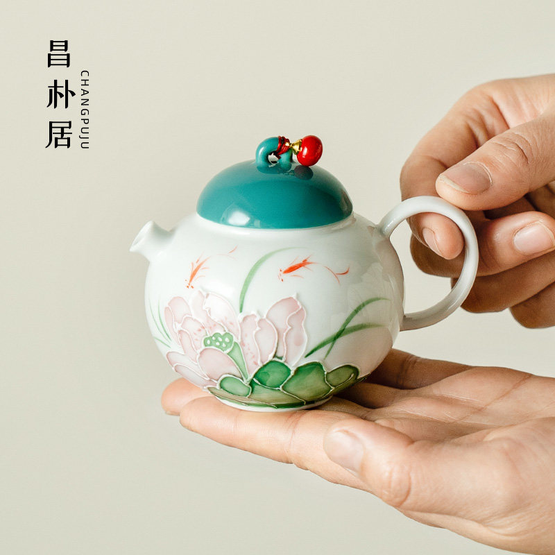 昌朴居茶壶陶瓷纯手绘荷韵鱼跃茶具家用泡茶中式壶承轻奢高档手工