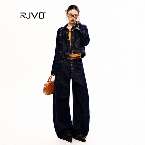 RJVO新款设计感立体裁剪原色牛仔两件套女秋季时尚外套阔腿裤套装