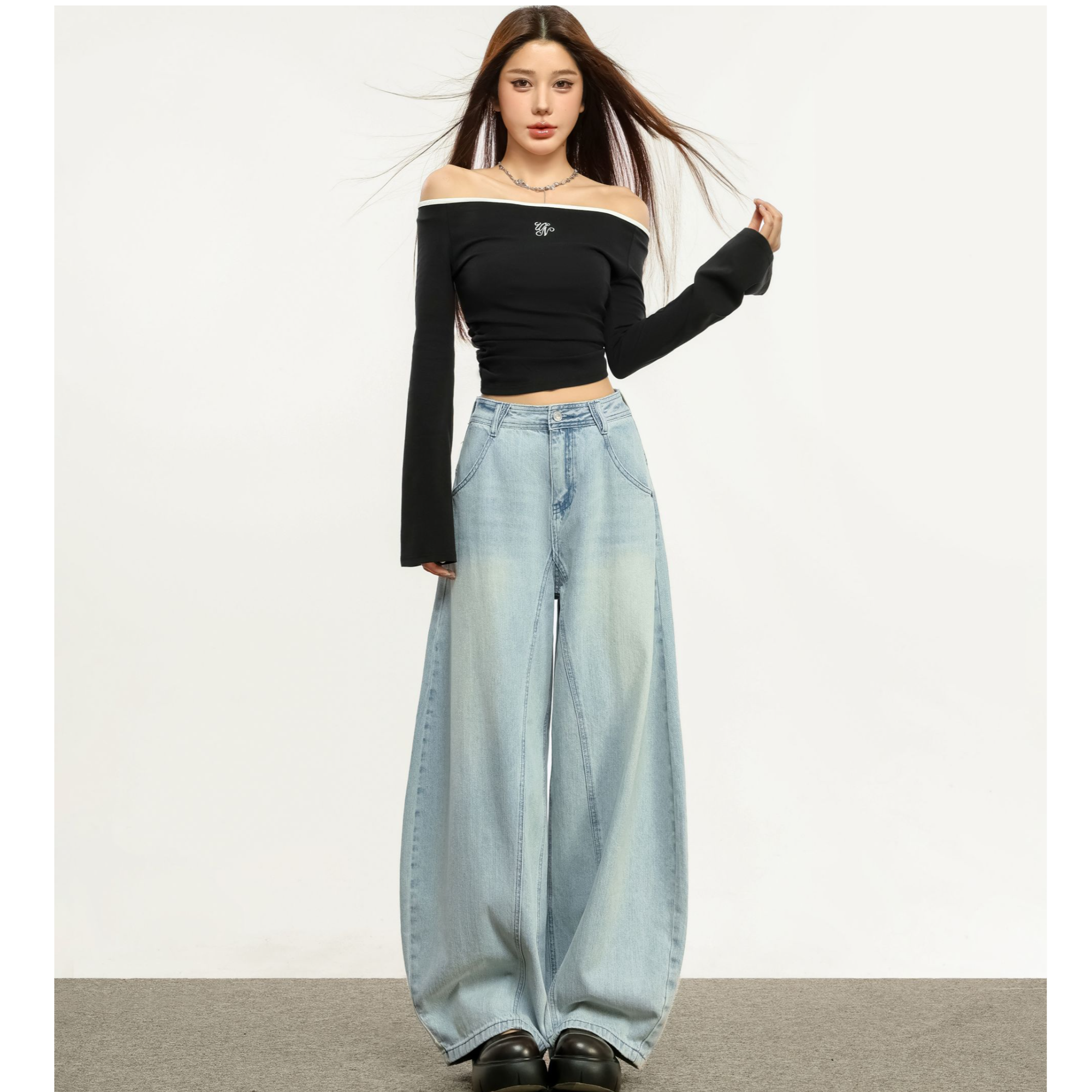 RJVO新款复古蓝弯刀牛仔裤女设计感宽松休闲阔腿裤时尚百搭长裤