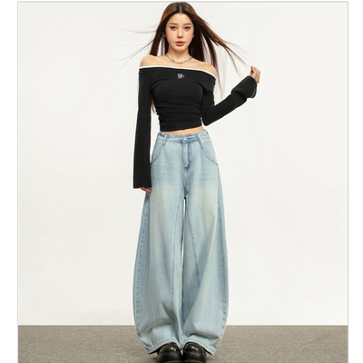 RJVO新款复古蓝弯刀牛仔裤女设计感宽松休闲阔腿裤时尚百搭长裤