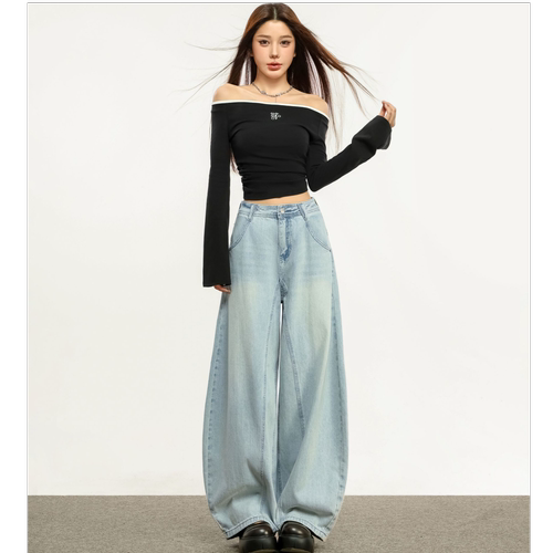 RJVO新款复古蓝弯刀牛仔裤女设计感宽松休闲阔腿裤时尚百搭长裤