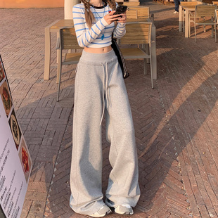 新款 女秋季 宽松百搭直筒裤 时尚 RJVO美式 抽绳休闲裤 复古高腰阔腿裤