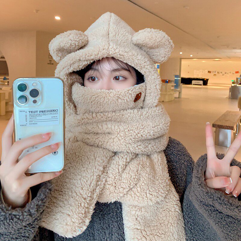 小熊帽子女冬天可爱围巾手套三件套围脖连帽一体口罩骑车防风毛绒