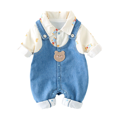 软牛仔拼接哈衣休闲春秋衣服