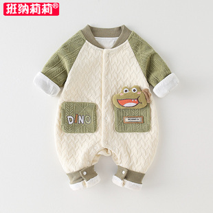 婴儿衣服秋装 外套男宝宝纯棉衣服春秋哈衣新生儿双层连体衣爬爬服
