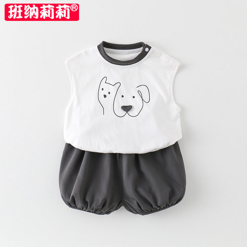婴儿衣服夏季无袖T恤男孩宝宝短裤洋气一岁儿童分体套装二件套薄