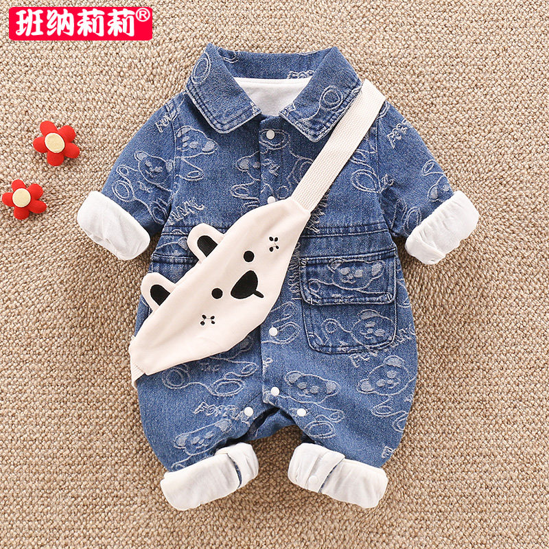 婴儿软牛仔衣服秋装外出连体衣男宝宝洋气哈衣新生儿秋季开裆爬服
