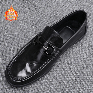 冬季加绒保暖豆豆鞋男款头层牛皮一脚蹬男士休闲乐福鞋软底驾车鞋