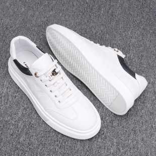 秋季板鞋男款头层牛皮压花一脚蹬休闲鞋潮流百搭男士小白鞋潮鞋子