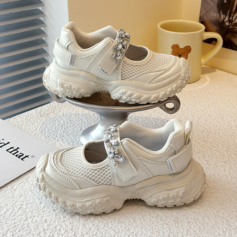 女童网面透气运动鞋儿童春秋款防滑洋气水钻跑步鞋松糕厚底休闲鞋