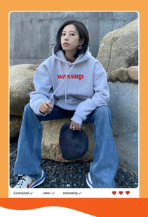 潮牌纯棉宽松连帽秋冬加绒 春秋款 周雨彤同款 WASSUP卫衣女2025新款