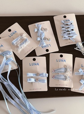 蓝色小清新格纹水钻蝴蝶结发夹甜美可爱对夹百搭刘海对夹发饰新款