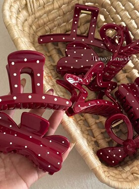 红色波点蝴蝶结抓夹法式百搭显白鲨鱼夹后脑勺发夹百搭气质发卡女