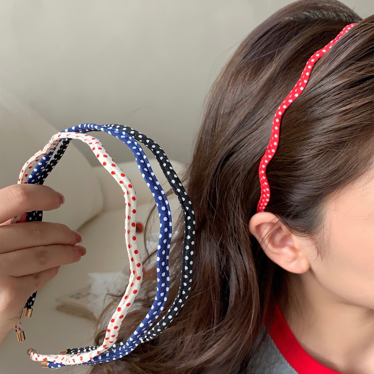 韩国细版波点小波浪发箍女款日常洗脸压发发卡高颅顶头箍百搭发饰