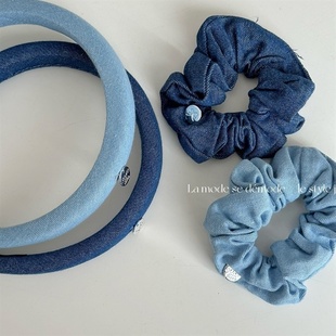 韩国蓝色牛仔布艺风发箍大肠发圈蓝色外出压头发发箍发圈百搭新款