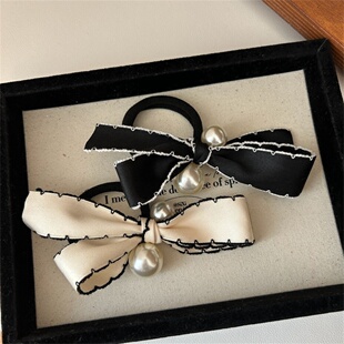 韩式 复古小香风珍珠蝴蝶结发绳甜美高弹力不伤发扎马尾头绳头饰发