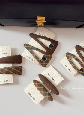 韩版咖绿色格纹几何BB夹对夹复古时尚刘海夹侧边夹学院风发饰新款