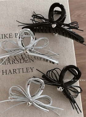 甜酷皮质蝴蝶结时尚高级感新款黑色爱心银色发夹抓夹鲨鱼夹发饰