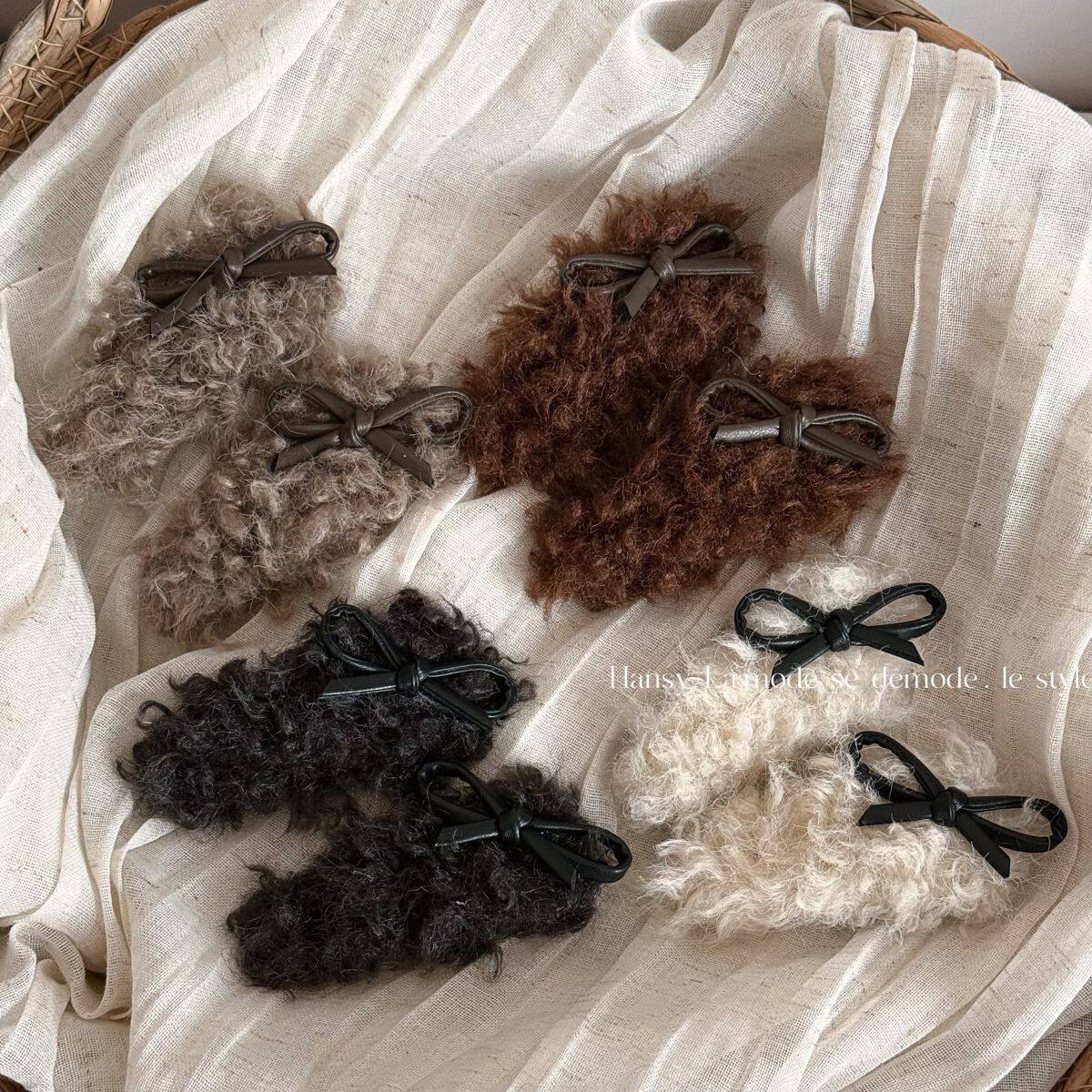 秋冬仿羊羔毛bb夹甜酷PU皮蝴蝶结毛绒发夹侧边夹新款刘海夹发饰女