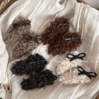 秋冬仿羊羔毛bb夹甜酷PU皮蝴蝶结毛绒发夹侧边夹新款刘海夹发饰女