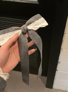 小香新款高级质感白色蕾丝格雷灰蝴蝶结发夹弹簧夹百搭头饰发饰女