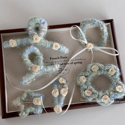 清新蓝绿温柔春秋季新款毛线小花发夹可爱甜美盘发抓夹鲨鱼夹发饰