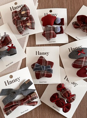 红色格纹蝴蝶结星星儿童发夹洋气学院风女童发卡高级感刘海夹头饰