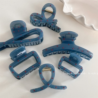 雾蓝色红波点抓夹法式高级感小众设计感甜美后脑勺盘发鲨鱼夹发饰