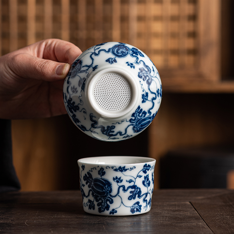青花瓷茶滤过滤网全瓷景德镇陶瓷茶隔盖碗功夫茶具茶漏公道杯套装
