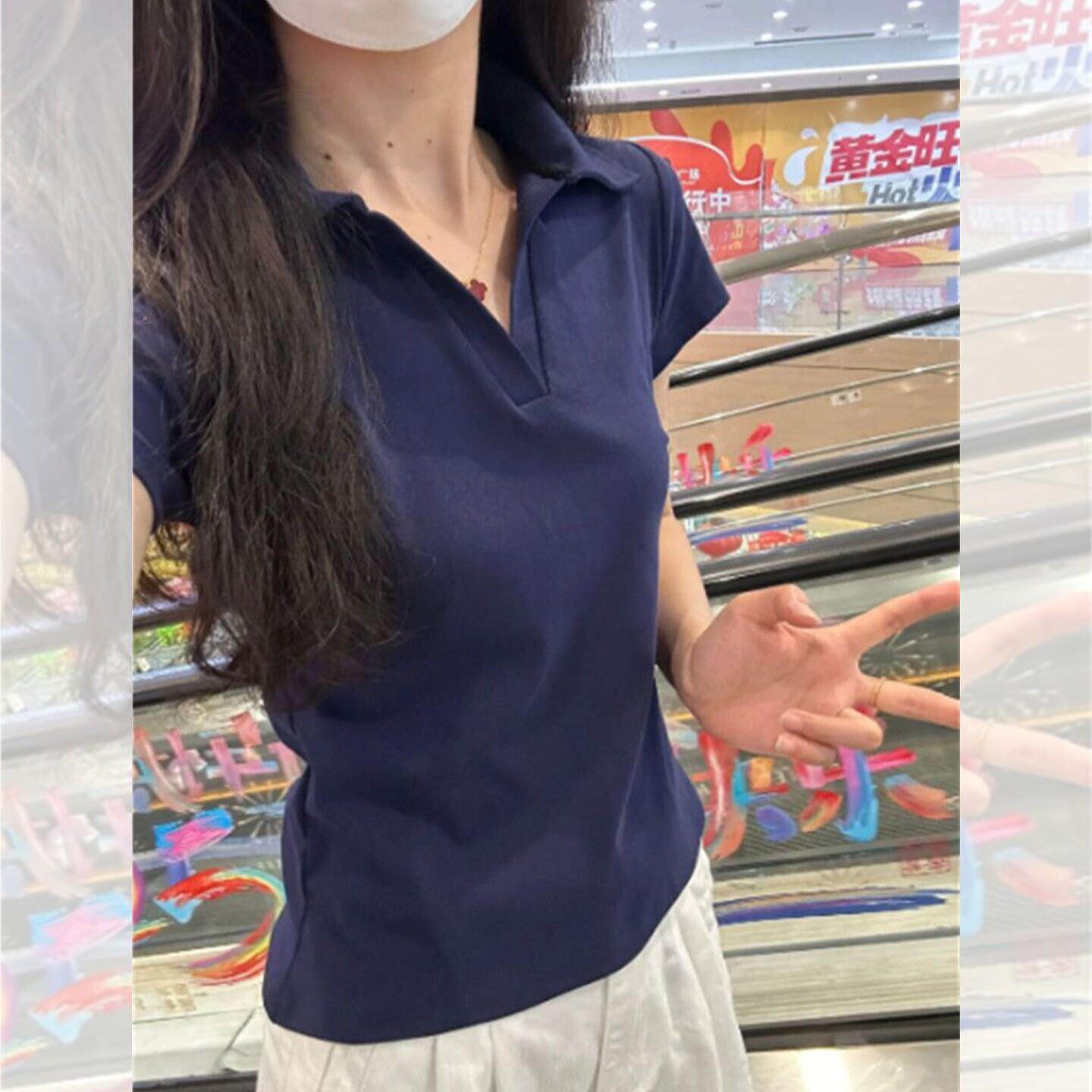 女士正肩收腰短袖polo衫粉色T恤女2026春夏新款舒适显瘦修身上衣