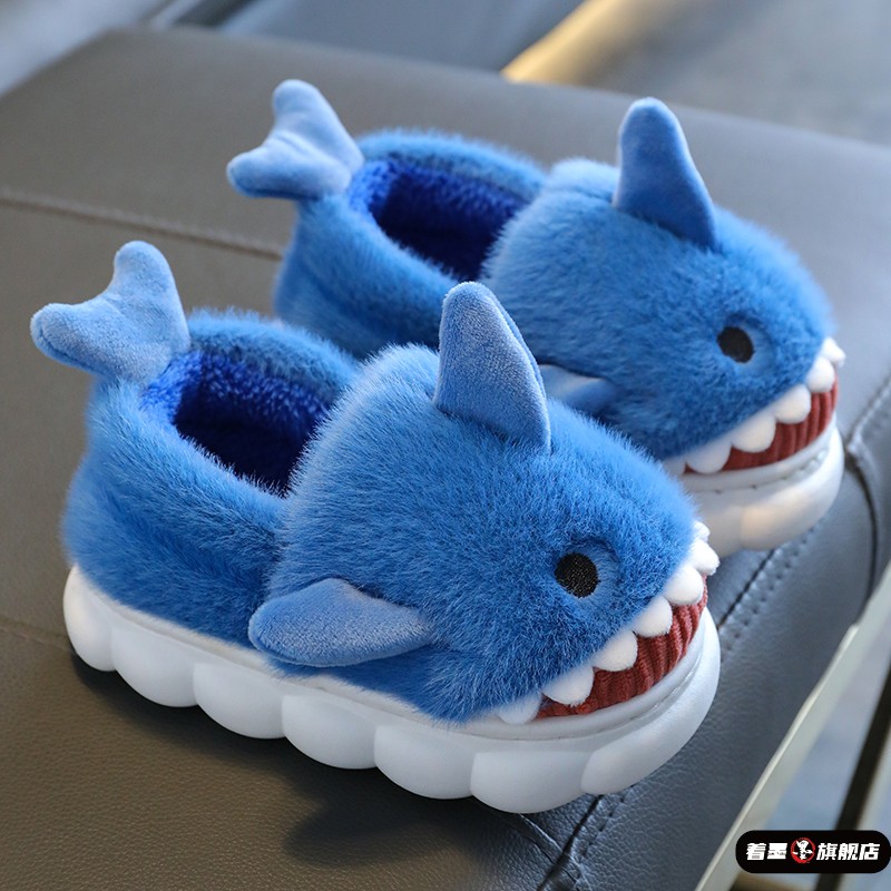 儿童加绒保暖鞋卡通鲨鱼棉拖鞋男童室内家居