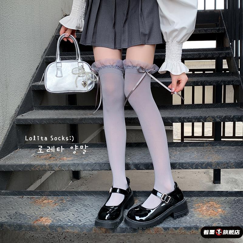 灰色长筒袜夏季薄款网纱花边女洛丽塔芭蕾风