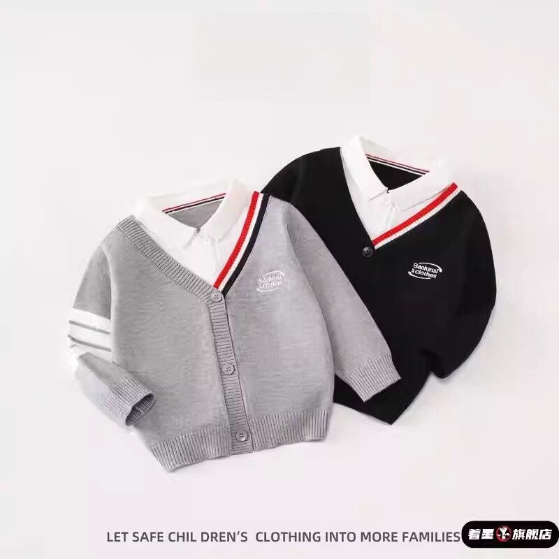 男童假两件秋春新款学院风百搭时髦酷帅针织开衫外套洋气小童毛衣