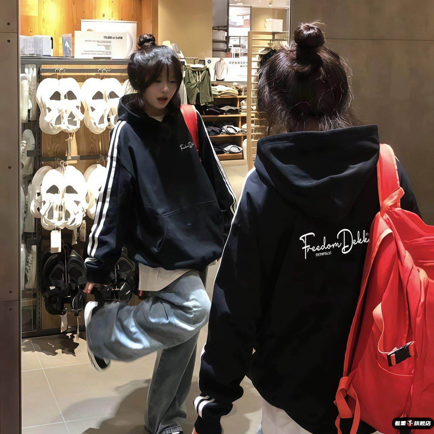 韩系黑色高街hiphop条纹连帽卫衣女大童2025秋冬初中高中学生外套