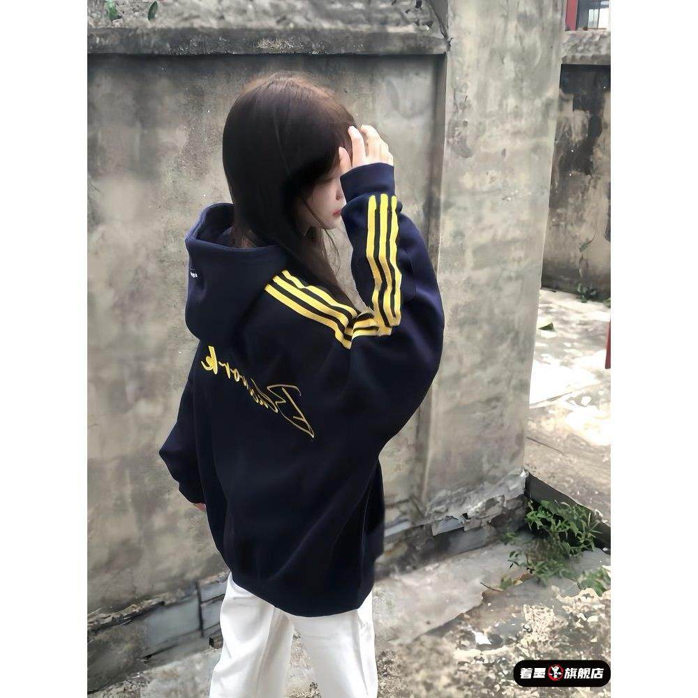 藏青三条杠连帽卫衣女大童秋冬新款初中高中学生美式宽松加绒外套