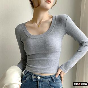 白色打底衫女短款2025秋冬长袖正肩T恤修身显瘦螺纹纯棉百搭上衣