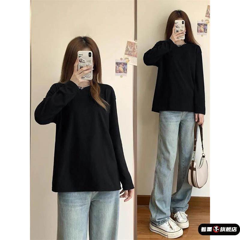 纯棉黑色长袖T恤女春秋季薄款内搭宽松基础款百搭打底衫圆领上衣