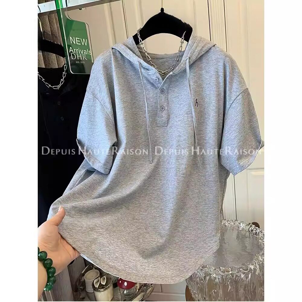 大码孕妇宽松运动上衣300斤胖妹妹刺绣连帽短袖T恤夏季设计感半袖