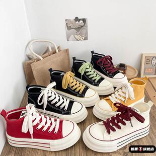 春季帆布鞋女款高帮厚底高帮新款小众透气增高百搭休闲运动板鞋